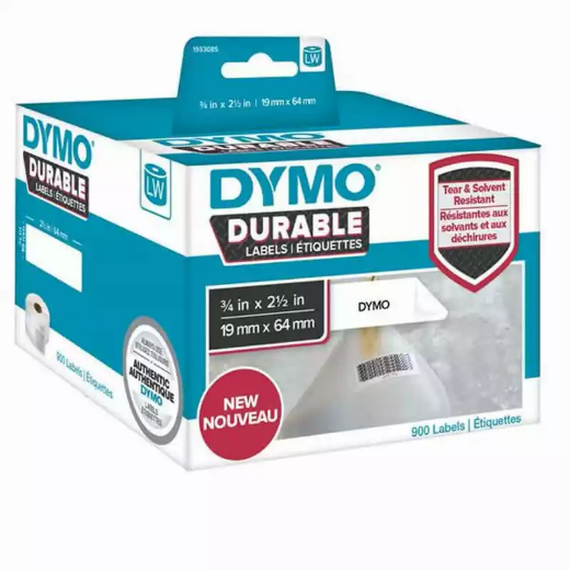 Picture of DYMO 1933085 LW DURABLE LABELS 19 X 64MM BLACK ON WHITE ROLL 900