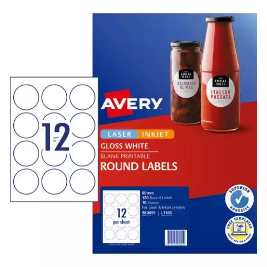 Picture of AVERY 980001 L7105 BLANK PRINTABLE LABELS ROUND LASER/INKJET 12UP GLOSSY WHITE PACK 10