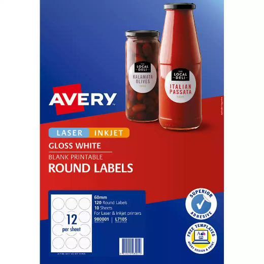 Picture of AVERY 980001 L7105 BLANK PRINTABLE LABELS ROUND LASER/INKJET 12UP GLOSSY WHITE PACK 10