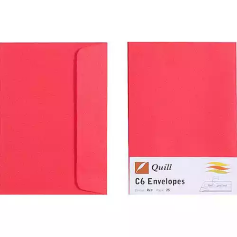 Picture of QUILL C6 COLOURED ENVELOPES PLAINFACE STRIP SEAL 80GSM 114 X 162MM RED PACK 25