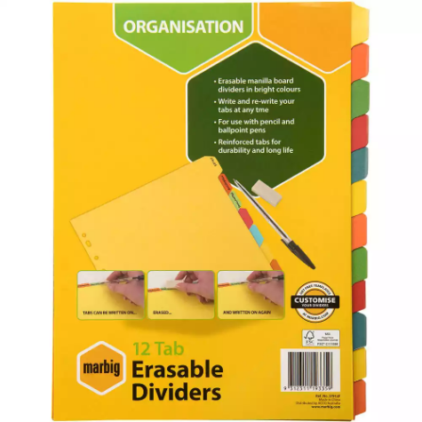 Picture of MARBIG DIVIDER ERASABLE MANILLA 12-TAB A4 ASSORTED