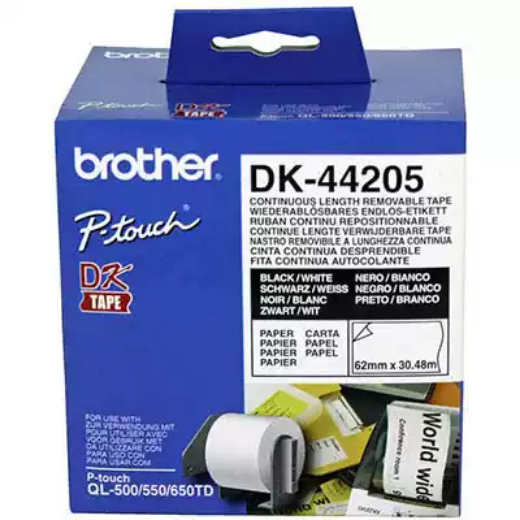 Picture of BROTHER DK-44205 REMOVABLE CONTINUOUS PAPER LABEL ROLL 62MM X 30.48M WHITE