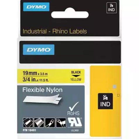 Picture of DYMO SD18491 RHINO INDUSTRIAL TAPE FLEXIBLE NYLON 19MM BLACK ON YELLOW