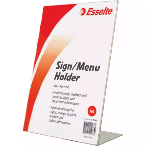 Picture of ESSELTE SIGN / MENU HOLDER SLANTED PORTRAIT A4 CLEAR