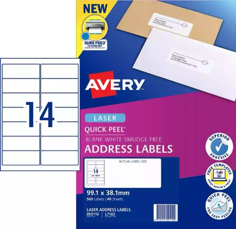 Picture of AVERY 959110 L7163 QUICK PEEL ADDRESS LABEL WITH SURE FEED LASER 14UP WHITE PACK 40