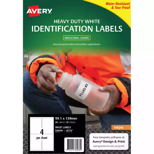 Picture of AVERY 936068 J4774 HEAVY DUTY INKJET LABELS 4UP WHITE PACK 10