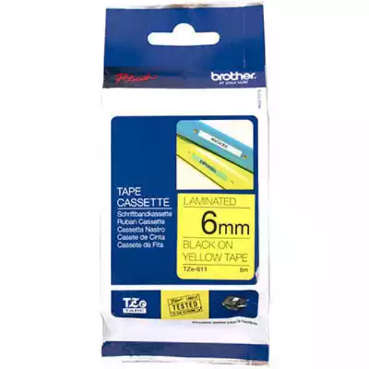 Picture of BROTHER TZE-611 LAMINATED LABELLING TAPE 6MM BLACK ON YELLOW