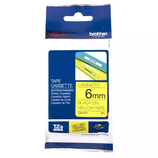 Picture of BROTHER TZE-611 LAMINATED LABELLING TAPE 6MM BLACK ON YELLOW