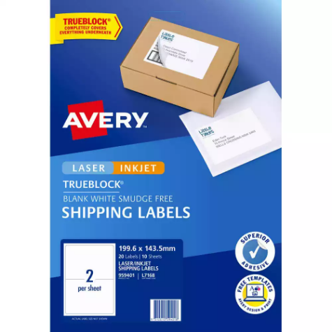 Picture of AVERY 959401 L7168 TRUEBLOCK INTERNET SHIPPING LABEL LASER 2UP WHITE PACK 10