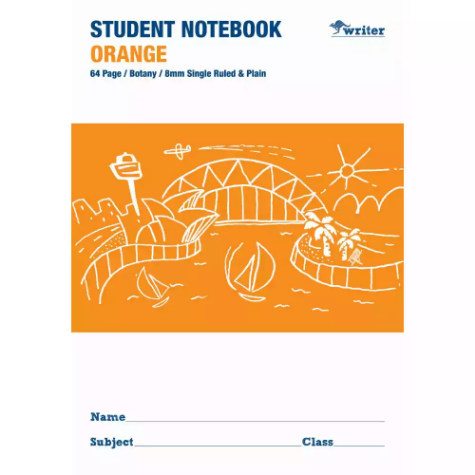 Picture of WRITER STUDENT NOTEBOOK PLAIN/SINGLE RULED 8MM 64 PAGE 250 X 175MM ORANGE