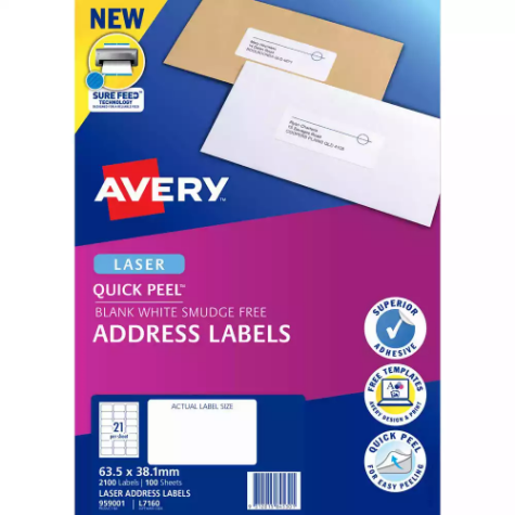 Picture of AVERY 959001 L7160 QUICK PEEL ADDRESS LABEL WITH SURE FEED LASER 21UP WHITE PACK 100