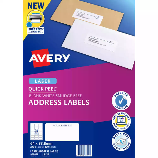 Picture of AVERY 959029 L7159 QUICK PEEL ADDRESS LABEL WITH SURE FEED LASER 24UP WHITE PACK 100