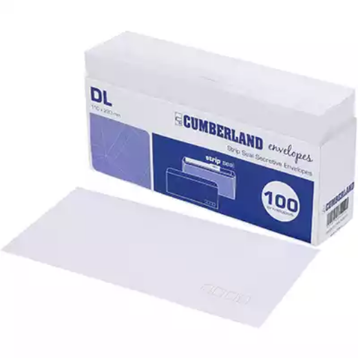 Picture of CUMBERLAND DL ENVELOPES SECRETIVE WALLET PLAINFACE STRIP SEAL POST OFFICE SQUARES 80GSM 110 X 220MM WHITE TRAY 100