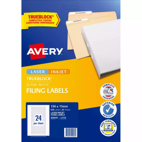 Picture of AVERY 959058 L7170 TRUEBLOCK FILING LABELS LASER/INKJET 24UP WHITE PACK 25