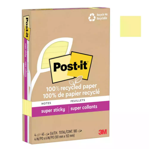 Picture of POST-IT 4621R-4SSCY SUPER STICKY NOTES 101 X 152MM RECYCLED LINED CANARY YELLOW PACK 4