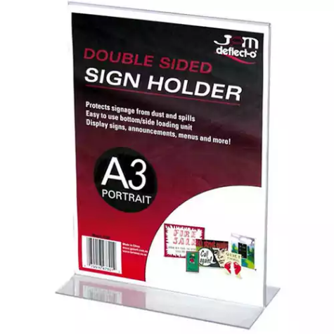 Picture of DEFLECTO SIGN HOLDER T-SHAPE DOUBLE SIDED PORTRAIT A3 CLEAR