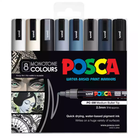 Picture of POSCA PC-5M PAINT MARKER BULLET MEDIUM 2.5MM ASSORTED MONOTONE COLOURS PACK 8