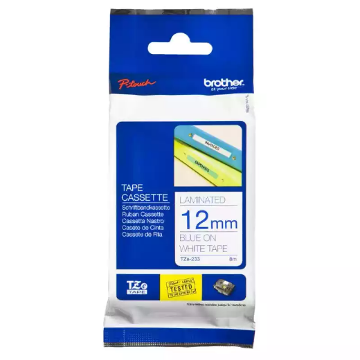 Picture of BROTHER TZE-233 LAMINATED LABELLING TAPE 12MM BLUE ON WHITE