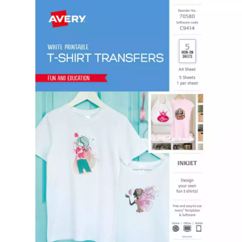 Picture of AVERY 70580 C9414 INSPIRED T-SHIRT TRANSFER A4 WHITE PACK 5