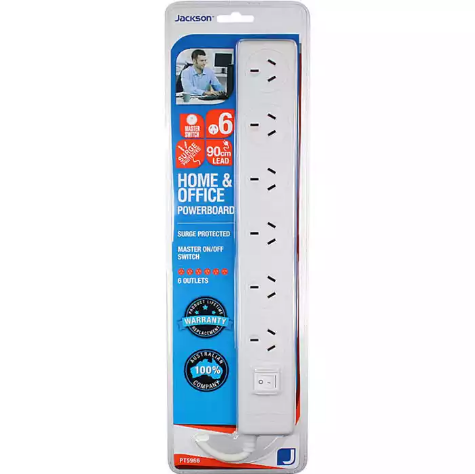 Picture of JACKSON POWERBOARD SURGE PROTECTED 6 OUTLET SWITCHED 900MM WHITE