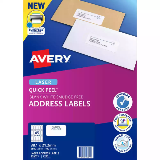 Picture of AVERY 959071 L7651 QUICK PEEL ADDRESS LABEL WITH SURE FEED LASER 65UP WHITE PACK 100