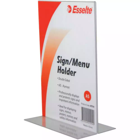 Picture of ESSELTE SIGN / MENU HOLDER DOUBLE SIDED PORTRAIT A5 CLEAR