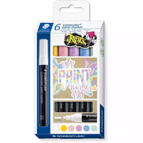 Picture of STAEDTLER 349 LUMOCOLOR PAINT MARKER BULLET 2.4MM PASTEL ASSORTED PACK 6