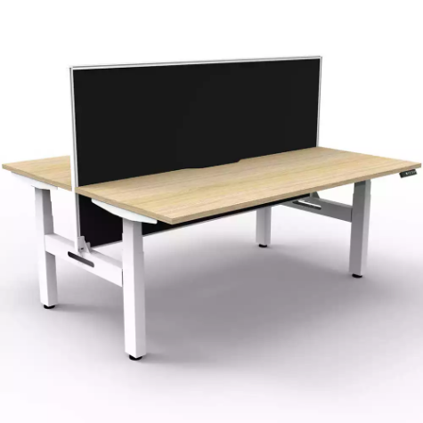 Picture of RAPIDLINE BOOST PLUS HEIGHT ADJUSTABLE DOUBLE SIDED WORKSTATION WITH SCREEN 1500 X 750MM NATURAL OAK TOP / WHITE FRAME / BLACK SCREEN