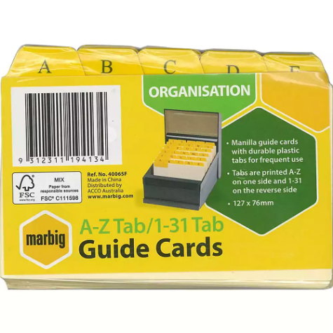 Picture of MARBIG GUIDE CARDS A-Z/1-31 TAB 127 X 76MM BUFF MANILLA PACK 30