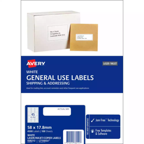 Picture of AVERY 938212 L7156 GENERAL USE LABEL LASER/INKJET 45UP WHITE PACK 100