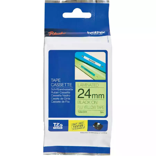 Picture of BROTHER TZE-C51 LAMINATED LABELLING TAPE 24MM BLACK ON FLURO YELLOW