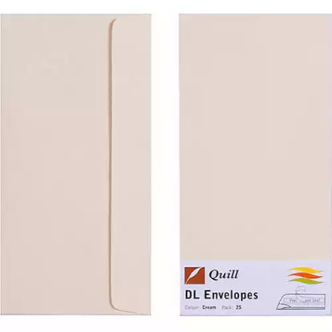 Picture of QUILL DL COLOURED ENVELOPES PLAINFACE STRIP SEAL 80GSM 110 X 220MM CREAM PACK 25