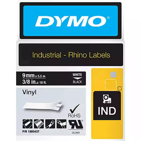 Picture of DYMO 1805437 RHINO INDUSTRIAL TAPE VINYL 9MM WHITE ON BLACK