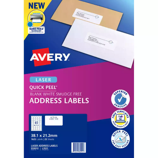 Picture of AVERY 959012 L7651 QUICK PEEL ADDRESS LABEL WITH SURE FEED LASER 65UP WHITE PACK 25