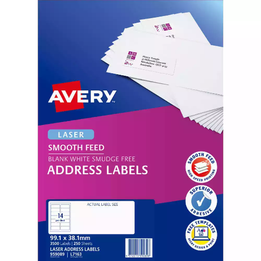 Picture of AVERY 959089 L7163 ADDRESS LABEL SMOOTH FEED LASER 14UP WHITE PACK 250