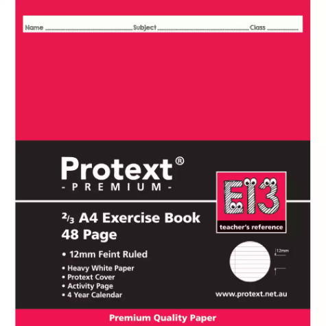 Picture of PROTEXT E13 PREMIUM EXERCISE BOOK 2/3 RULED 12MM 70GSM 48 PAGE A4 ASSORTED