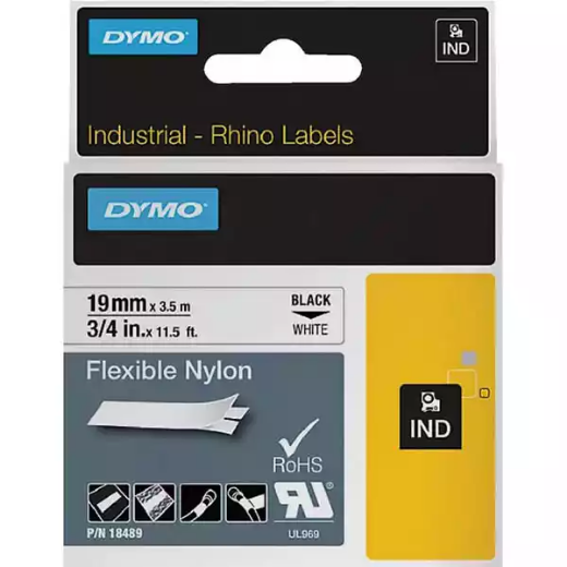 Picture of DYMO SD18489 RHINO INDUSTRIAL TAPE FLEXIBLE NYLON 19MM BLACK ON WHITE