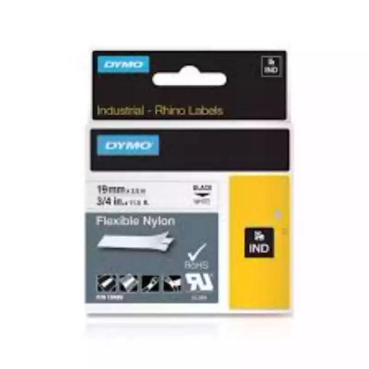 Picture of DYMO SD18489 RHINO INDUSTRIAL TAPE FLEXIBLE NYLON 19MM BLACK ON WHITE