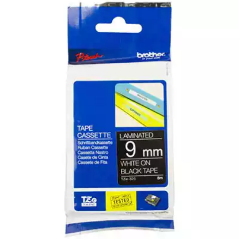 Picture of BROTHER TZE-325 LAMINATED LABELLING TAPE 9MM WHITE ON BLACK