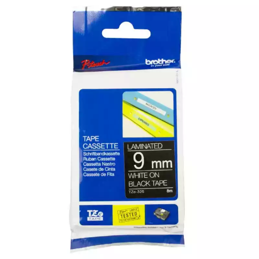 Picture of BROTHER TZE-325 LAMINATED LABELLING TAPE 9MM WHITE ON BLACK