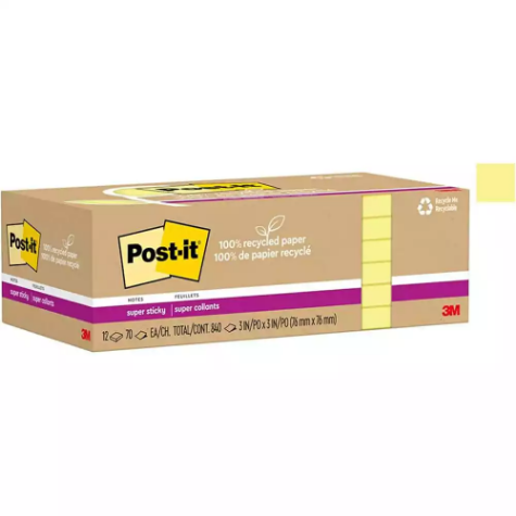 Picture of POST-IT 654R-12SSCY SUPER STICKY NOTES 76 X 76MM RECYCLED CANARY YELLOW PACK 12