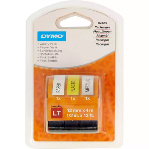 Picture of DYMO 1989864 LETRATAG LABELLING TAPE 12MM VARIETY STARTER PACK 3