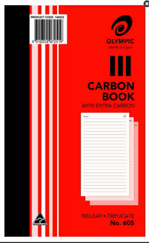 Picture of OLYMPIC 605 CARBON BOOK TRIPLICATE FEINT RULED 100 LEAF 200 X 125MM