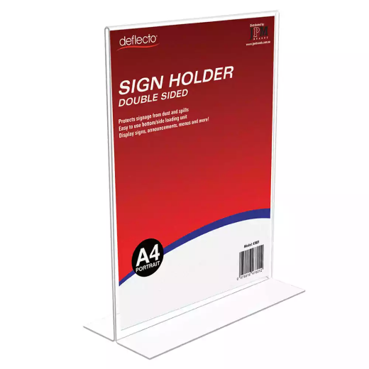 Picture of DEFLECTO SIGN HOLDER T-SHAPE DOUBLE SIDED PORTRAIT A4 CLEAR