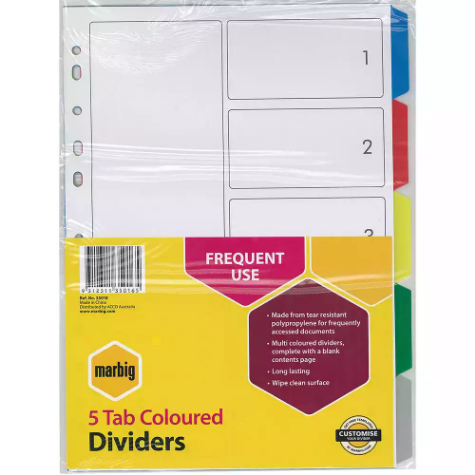 Picture of MARBIG DIVIDER PP 5-TAB A4 ASSORTED