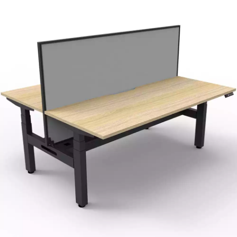 Picture of RAPIDLINE BOOST PLUS HEIGHT ADJUSTABLE DOUBLE SIDED WORKSTATION WITH SCREEN / CABLE TRAY 1500 X 750MM NATURAL OAK TOP / BLACK FRAME / GREY SCREEN