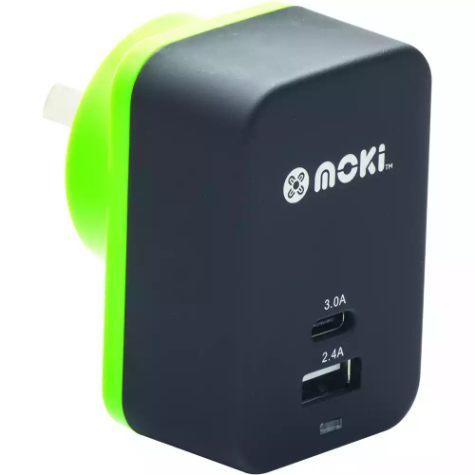 Picture of MOKI WALL CHARGER+ USB-A AND USB-C 3.0 BLACK