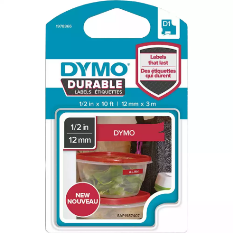 Picture of DYMO 1978366 D1 DURABLE LABEL CASSETTE TAPE 12MM X 3M WHITE ON RED