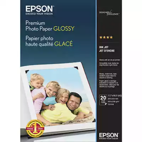 Picture of EPSON S041288 PREMIUM GLOSSY PHOTO PAPER 255GSM A3 WHITE PACK 20