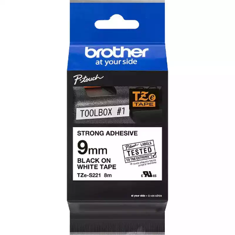 Picture of BROTHER TZE-S221 STRONG ADHESIVE LABELLING TAPE 9MM BLACK ON WHITE